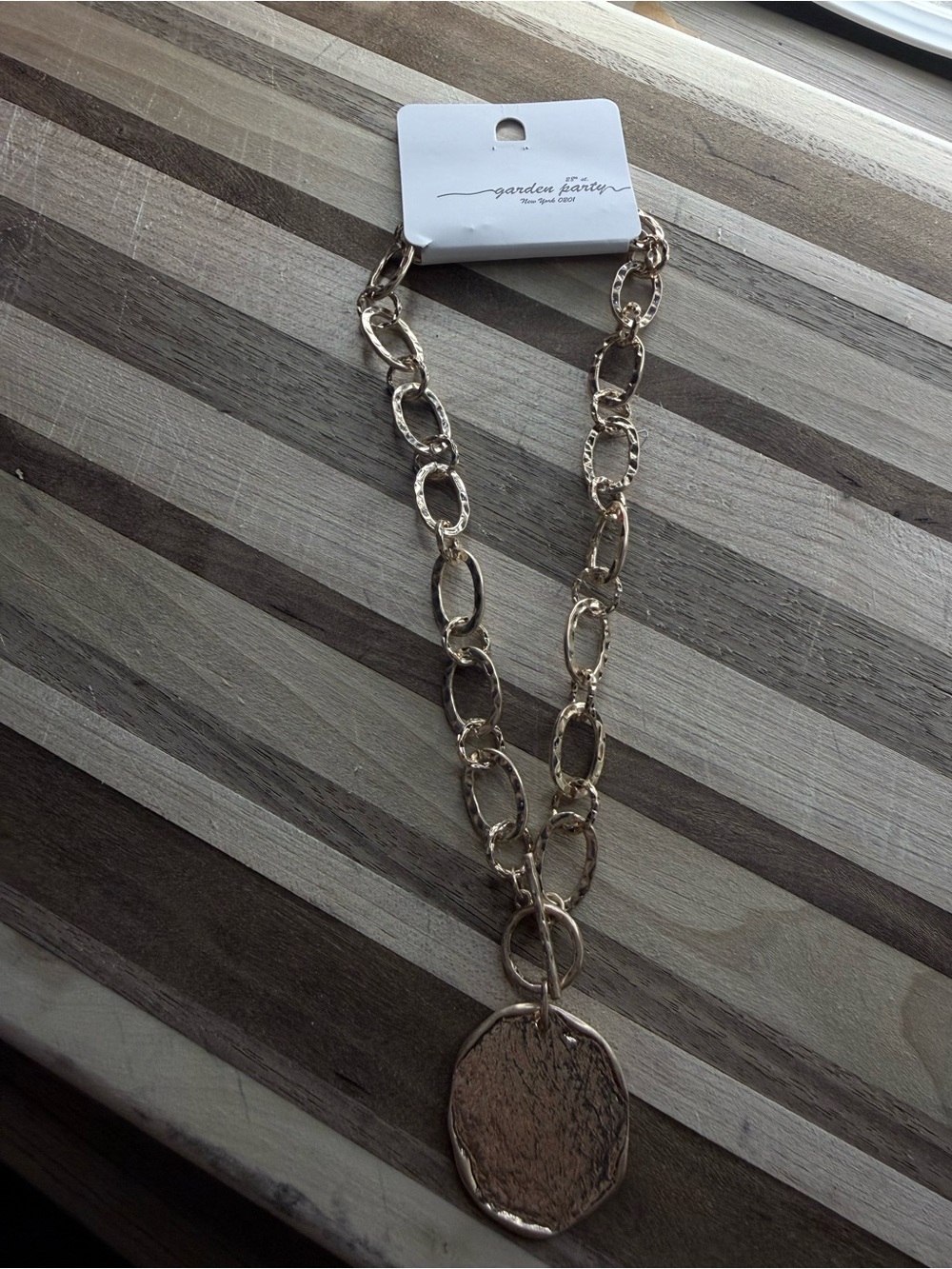 Gold-Tone Link Necklace with Textured Pendant